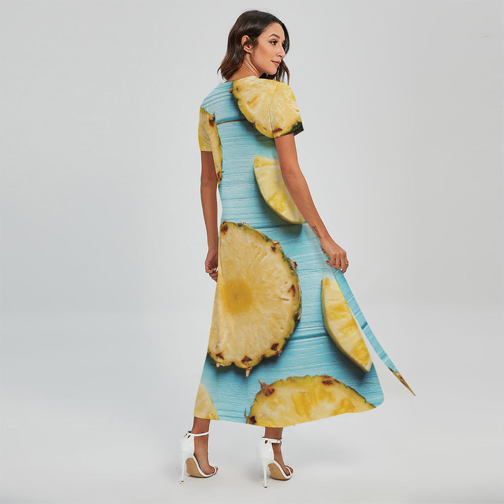 Sliced Pineapple Print Short Sleeve Maxi Dress