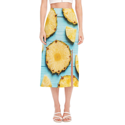 Sliced Pineapple Print Side Slit Midi Skirt
