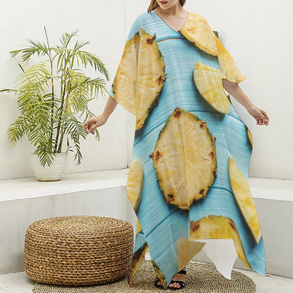 Sliced Pineapple Print Silk V-Neck Kaftan Dress
