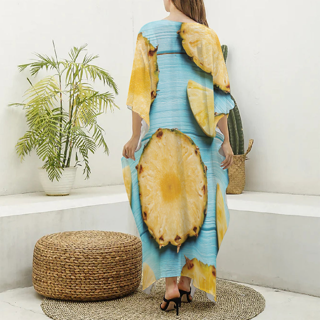 Sliced Pineapple Print Silk V-Neck Kaftan Dress