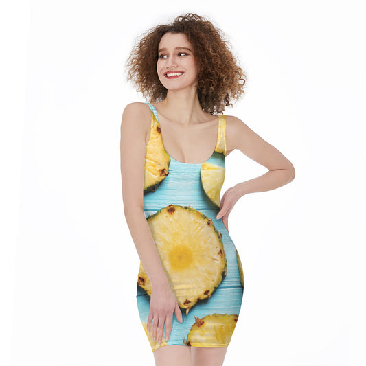 Sliced Pineapple Print Sleeveless Bodycon Dress
