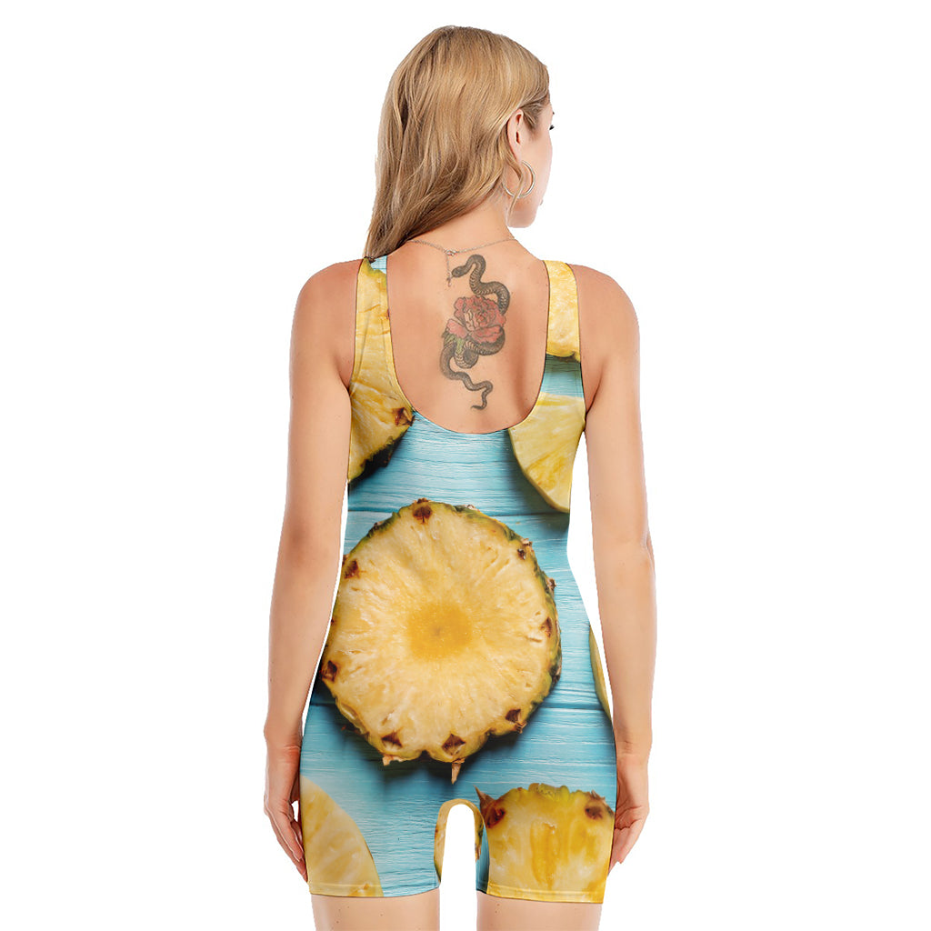 Sliced Pineapple Print Sleeveless One Piece Swimsuit