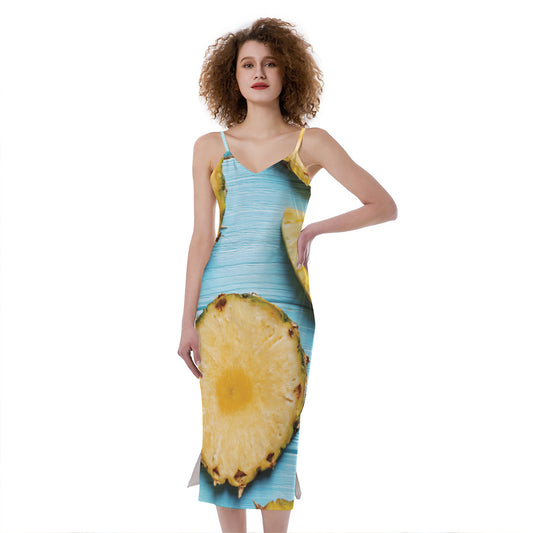 Sliced Pineapple Print Slim Fit Midi Cami Dress