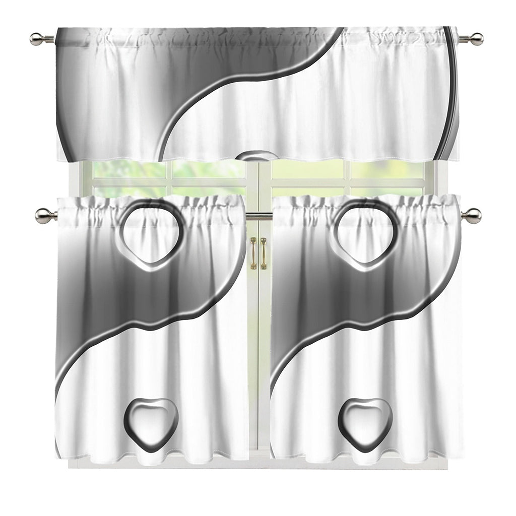 Sliver And White Yin Yang Print 3 Piece Kitchen Curtains