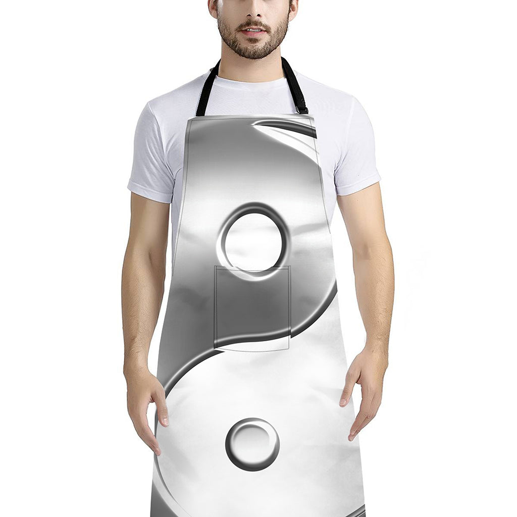Sliver And White Yin Yang Print Bib Apron With Pocket