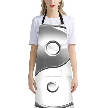 Sliver And White Yin Yang Print Bib Apron With Pocket