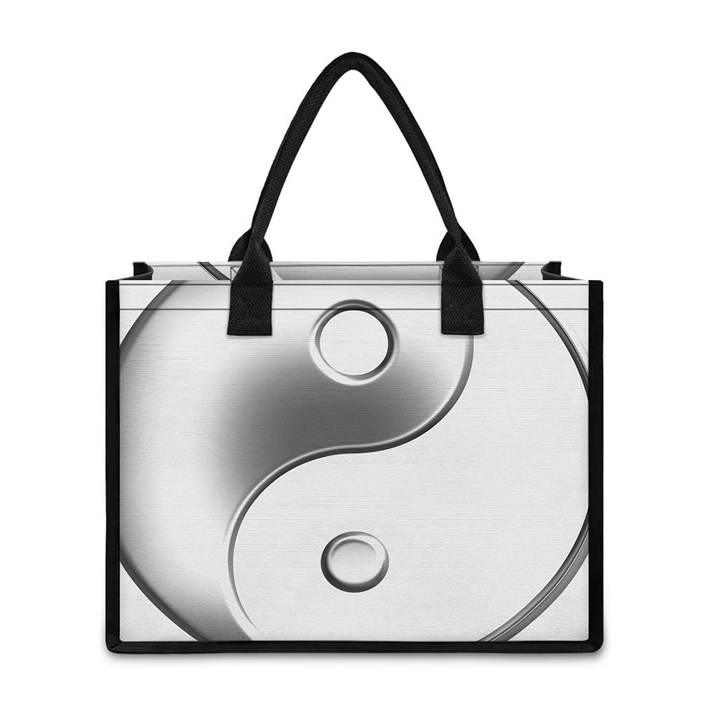 Sliver And White Yin Yang Print Canvas Tote Bag