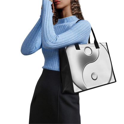 Sliver And White Yin Yang Print Canvas Tote Bag