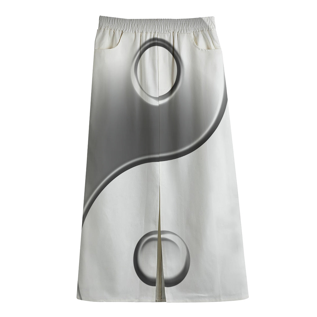 Sliver And White Yin Yang Print Cotton Front Slit Maxi Skirt