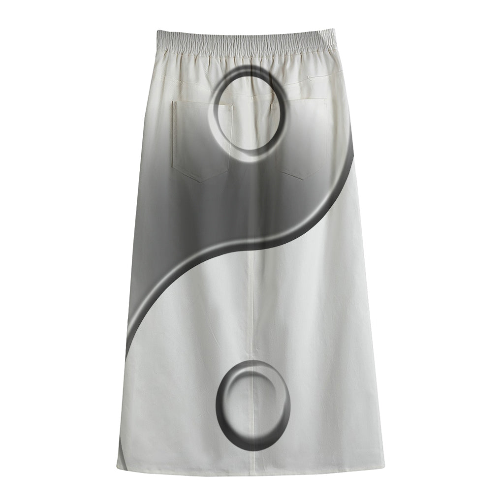 Sliver And White Yin Yang Print Cotton Front Slit Maxi Skirt