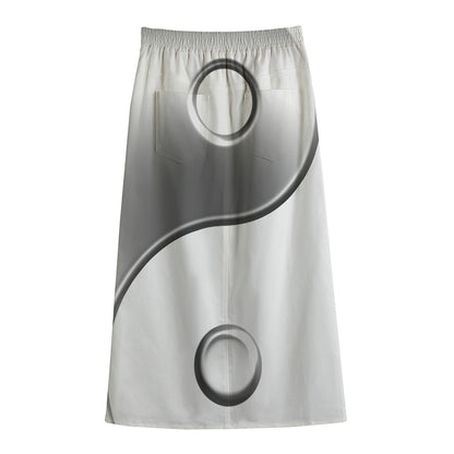 Sliver And White Yin Yang Print Cotton Front Slit Maxi Skirt