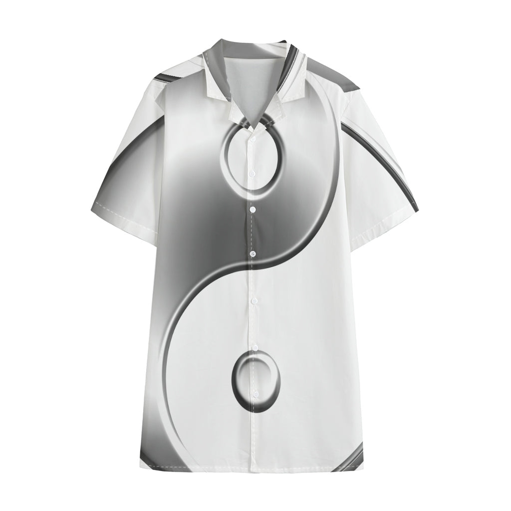 Sliver And White Yin Yang Print Cotton Hawaiian Shirt