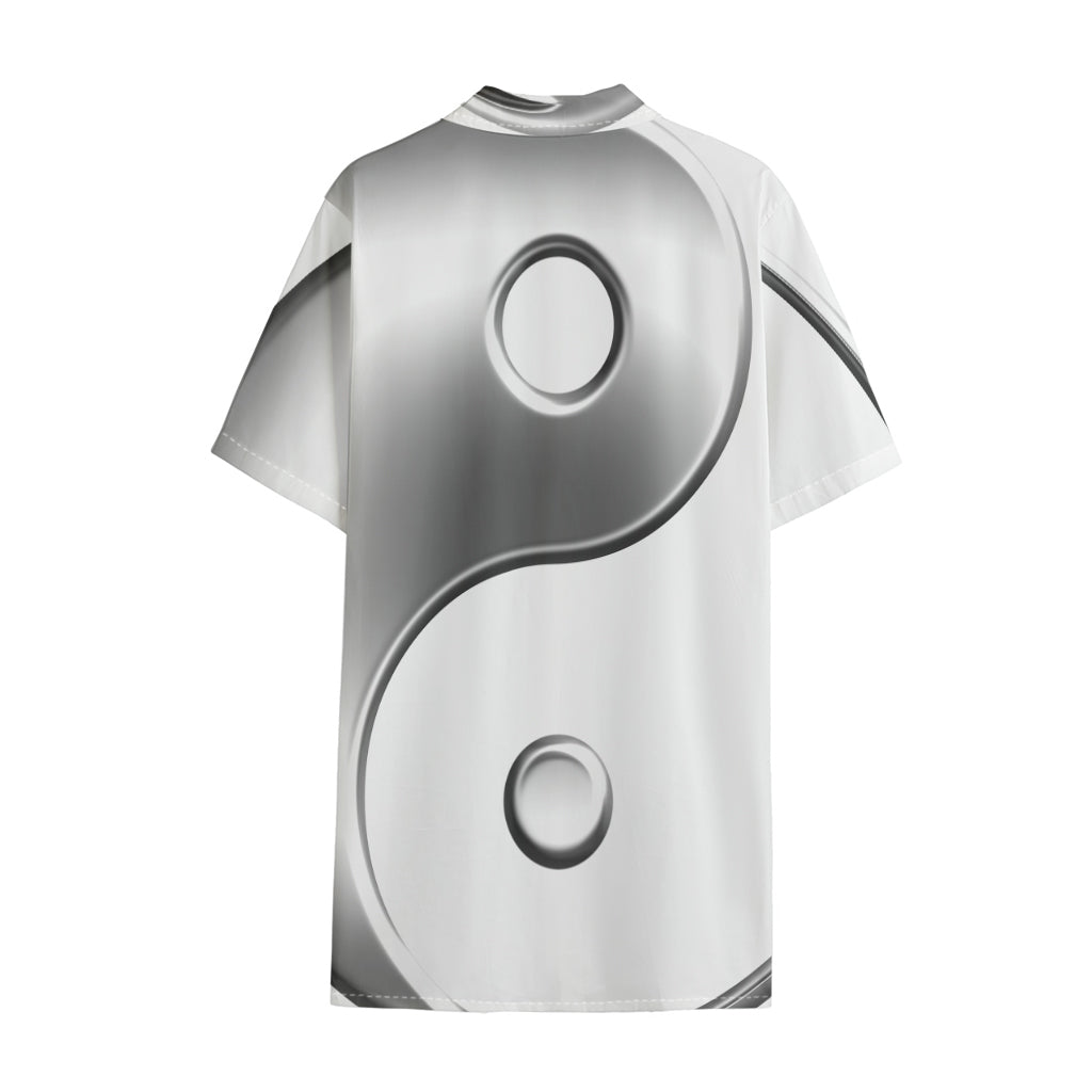 Sliver And White Yin Yang Print Cotton Hawaiian Shirt