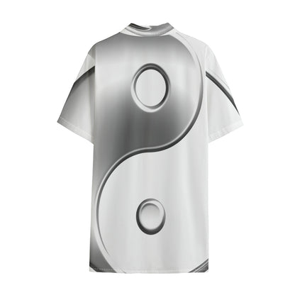 Sliver And White Yin Yang Print Cotton Hawaiian Shirt