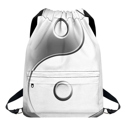 Sliver And White Yin Yang Print Drawstring Backpack
