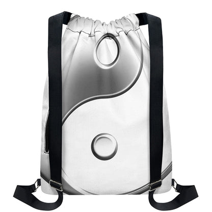 Sliver And White Yin Yang Print Drawstring Backpack