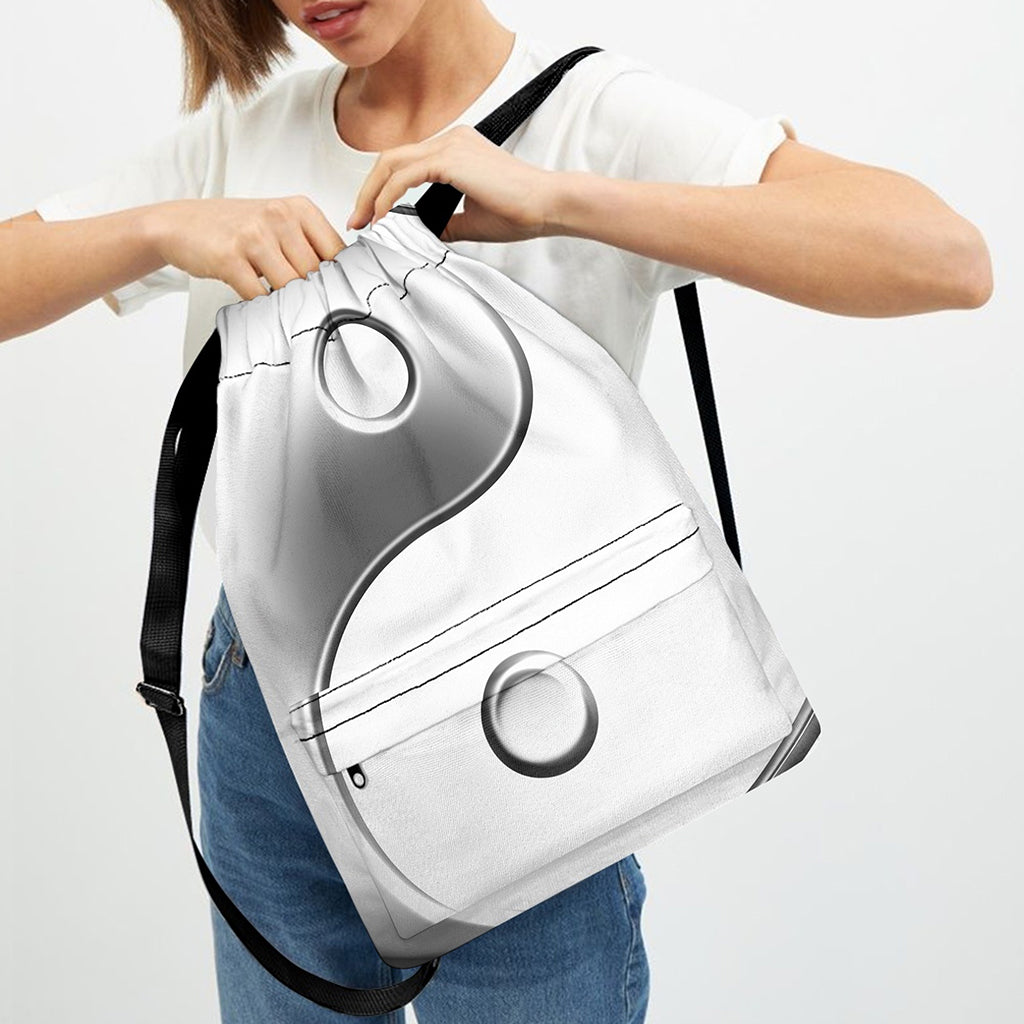 Sliver And White Yin Yang Print Drawstring Backpack