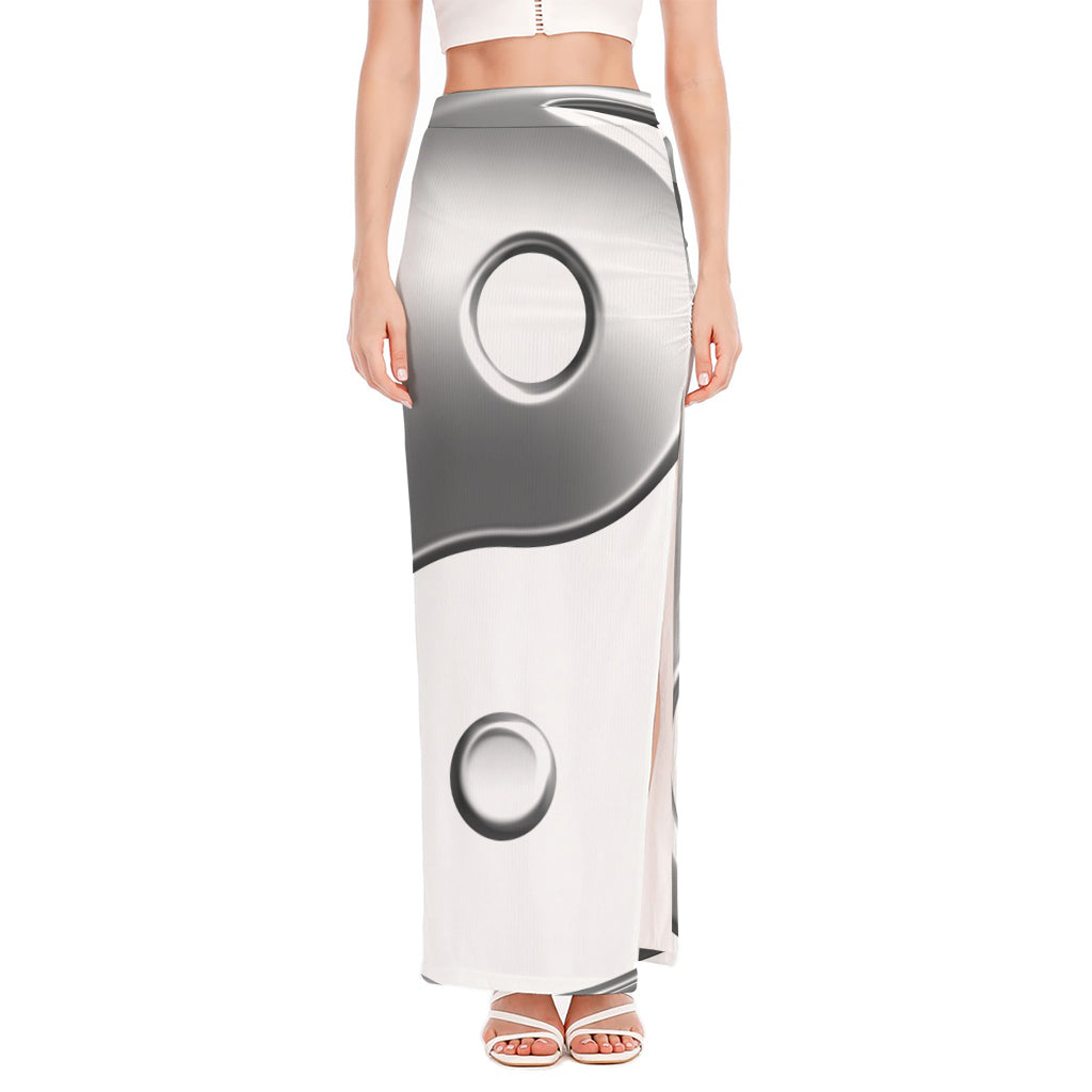Sliver And White Yin Yang Print High Slit Maxi Skirt