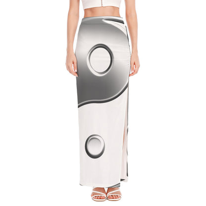 Sliver And White Yin Yang Print High Slit Maxi Skirt