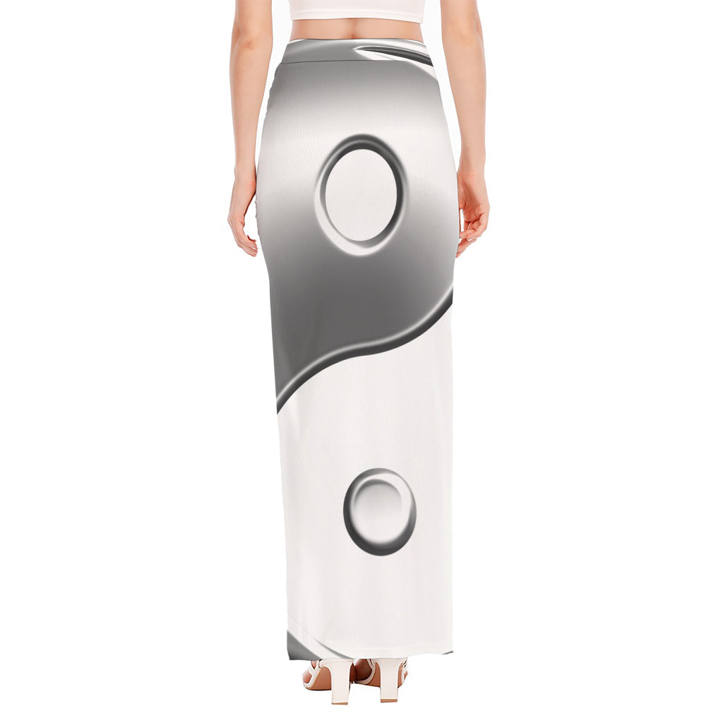 Sliver And White Yin Yang Print High Slit Maxi Skirt