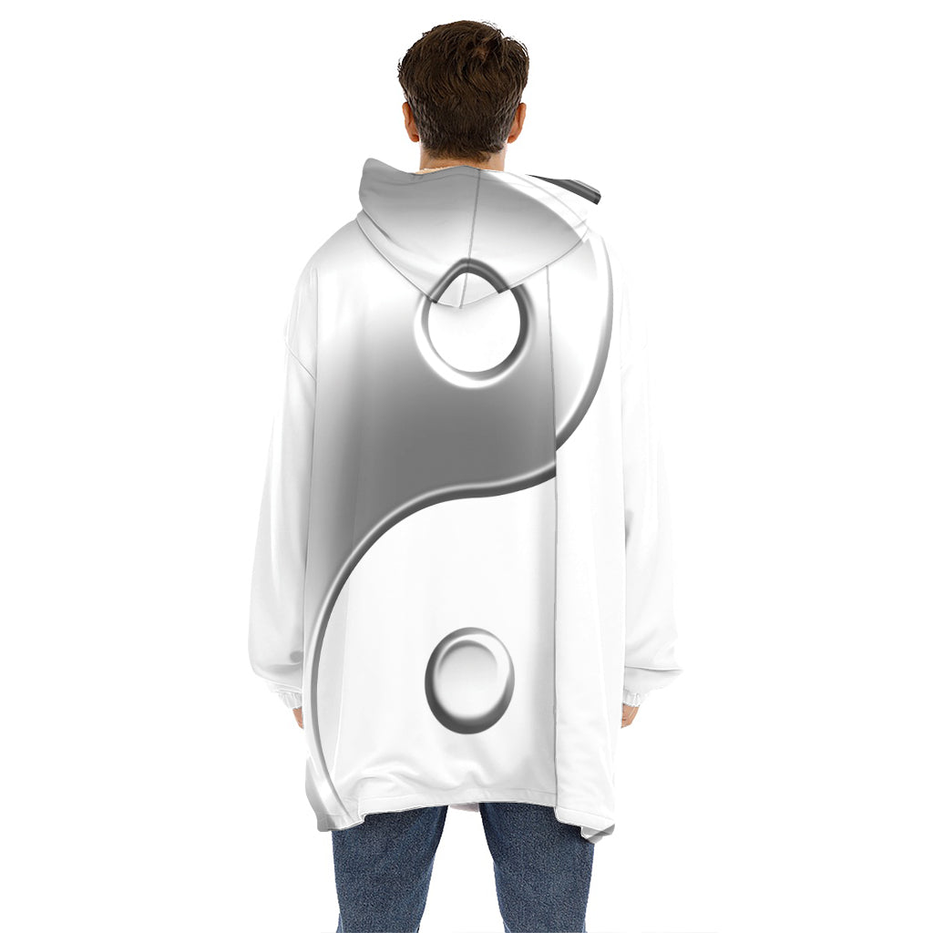 Sliver And White Yin Yang Print Hoodie Blanket
