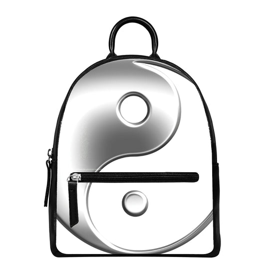 Sliver And White Yin Yang Print Leather Backpack