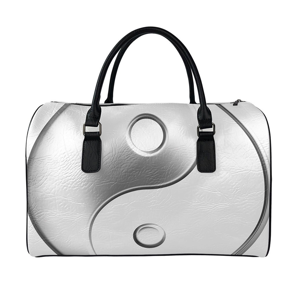 Sliver And White Yin Yang Print Leather Duffle Bag