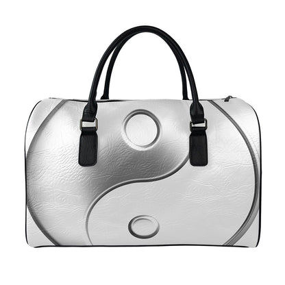 Sliver And White Yin Yang Print Leather Duffle Bag