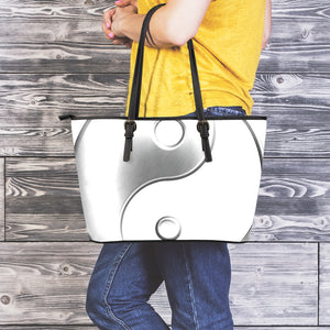 Sliver And White Yin Yang Print Leather Tote Bag