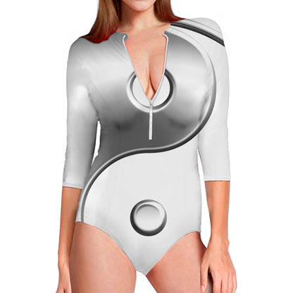 Sliver And White Yin Yang Print Long Sleeve Swimsuit