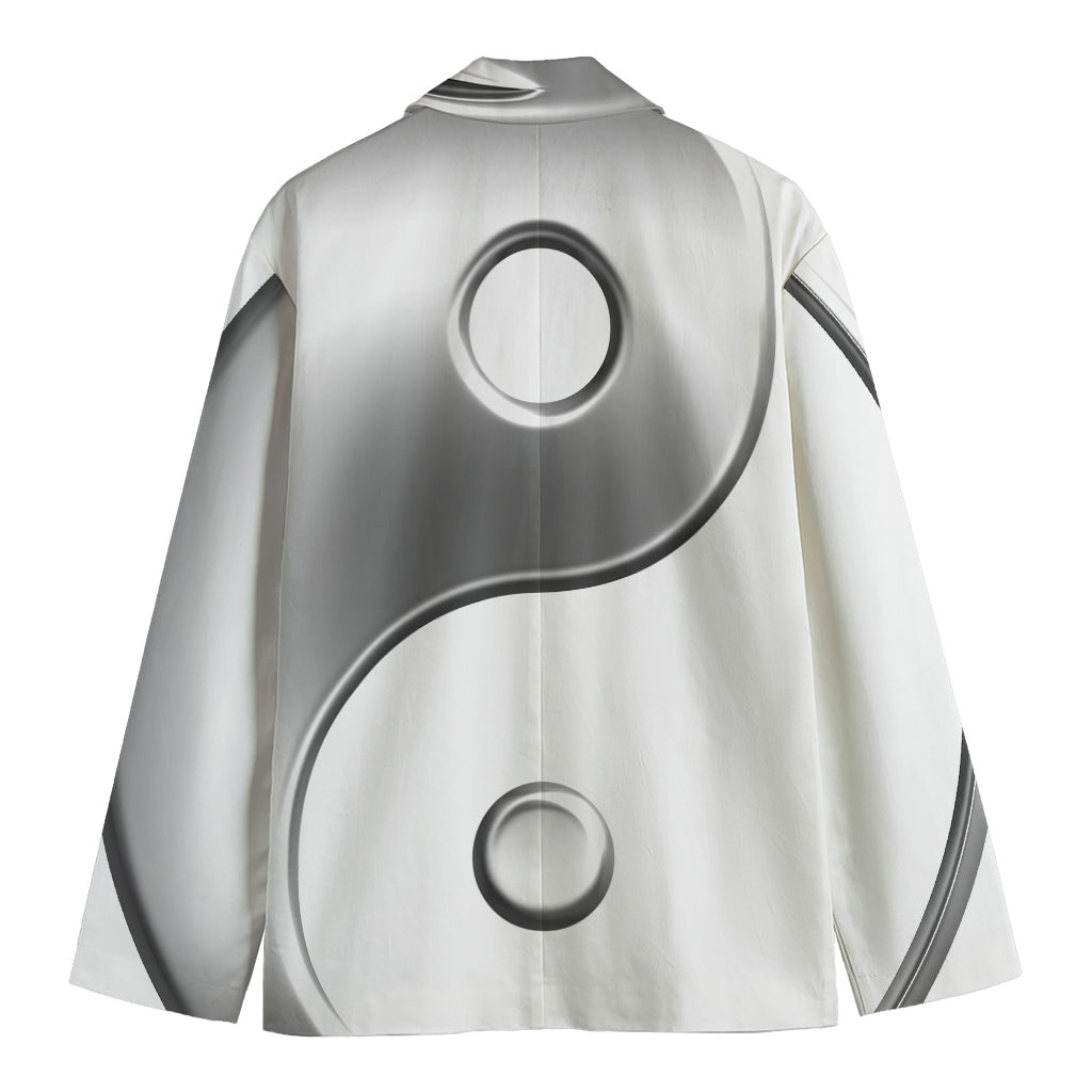 Sliver And White Yin Yang Print Men's Cotton Blazer