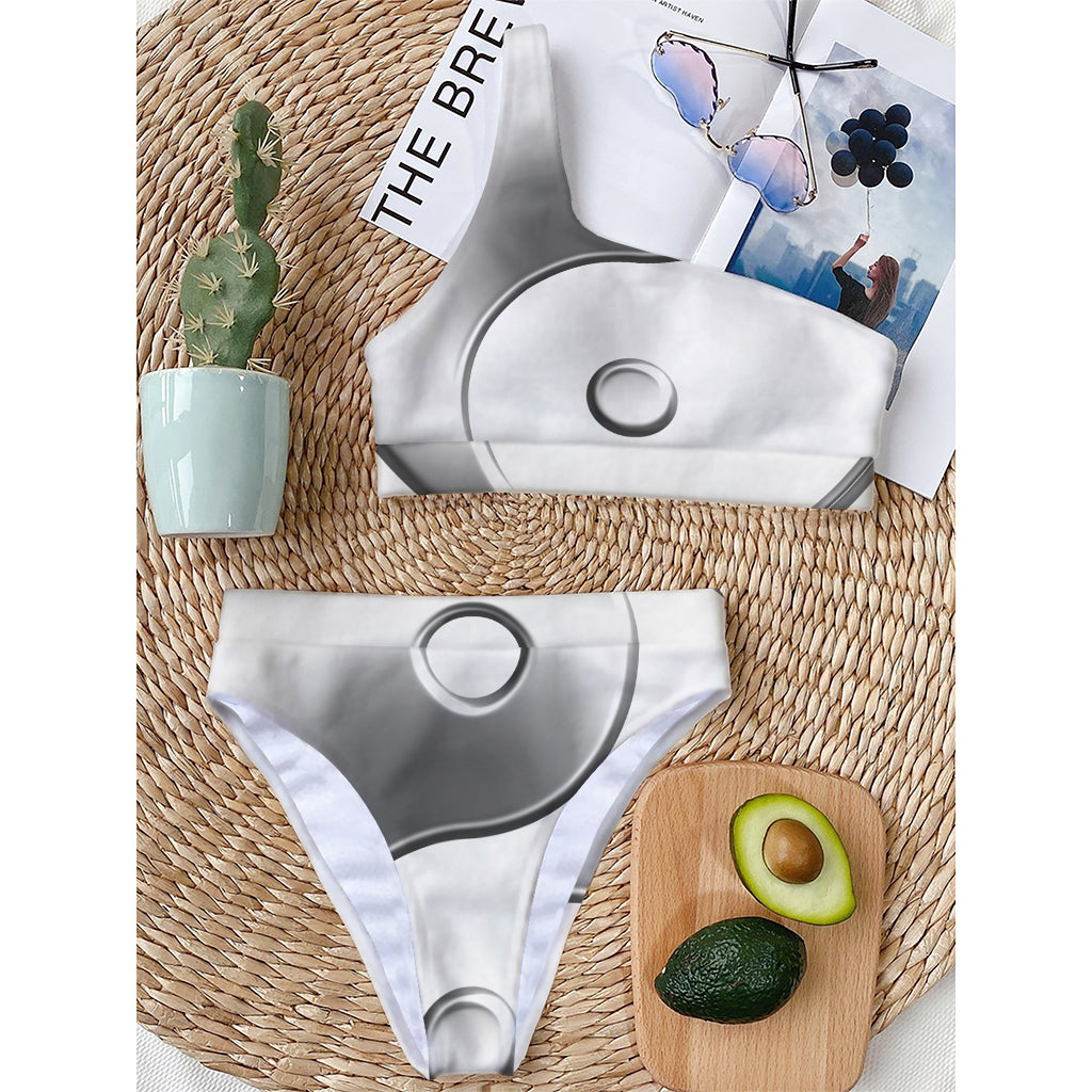 Sliver And White Yin Yang Print One Shoulder Bikini Top