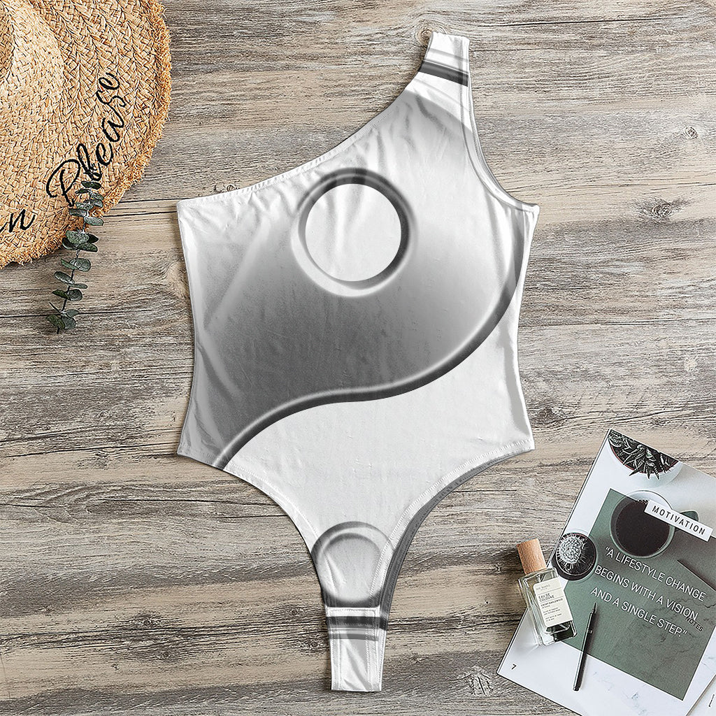 Sliver And White Yin Yang Print One Shoulder Bodysuit
