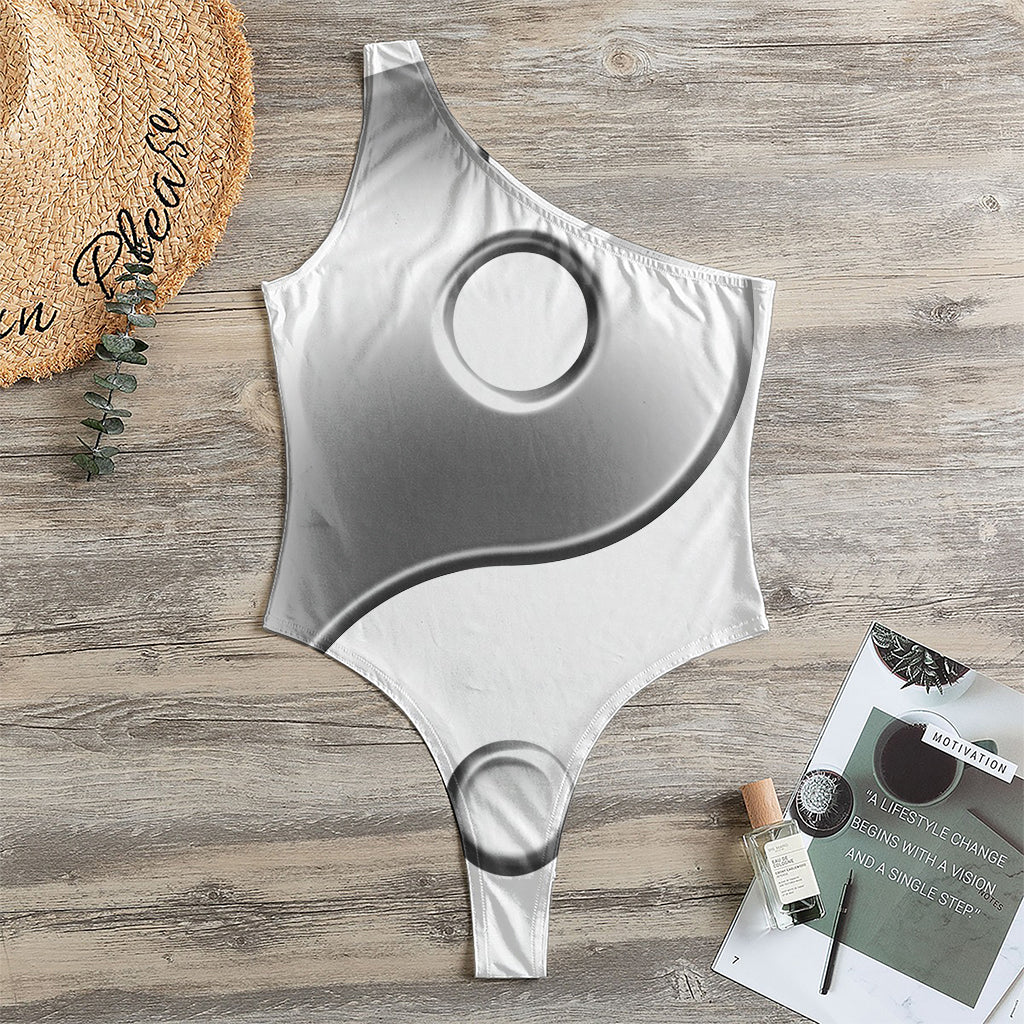 Sliver And White Yin Yang Print One Shoulder Bodysuit