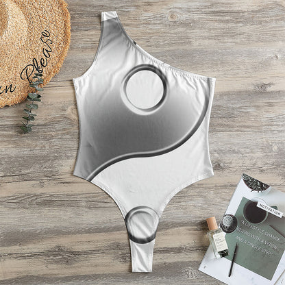 Sliver And White Yin Yang Print One Shoulder Bodysuit