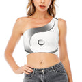 Sliver And White Yin Yang Print One Shoulder Crop Top