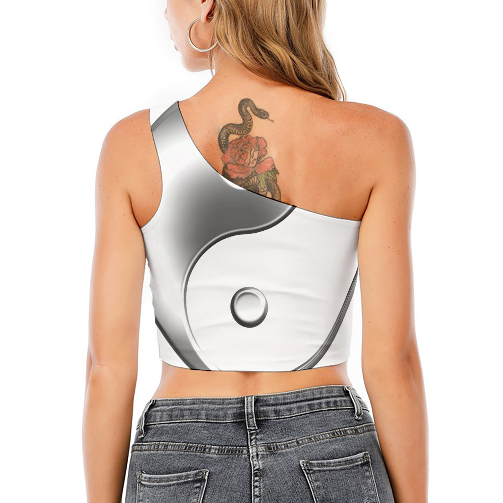 Sliver And White Yin Yang Print One Shoulder Crop Top
