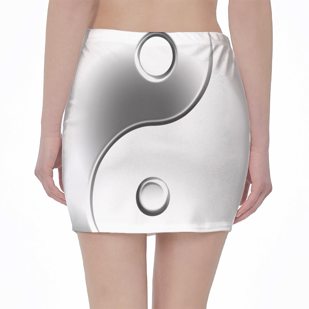Sliver And White Yin Yang Print Pencil Mini Skirt