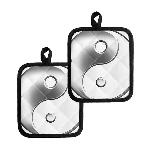 Sliver And White Yin Yang Print Pot Holders