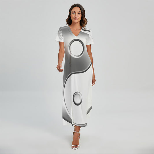 Sliver And White Yin Yang Print Short Sleeve Maxi Dress