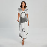 Sliver And White Yin Yang Print Short Sleeve Maxi Dress