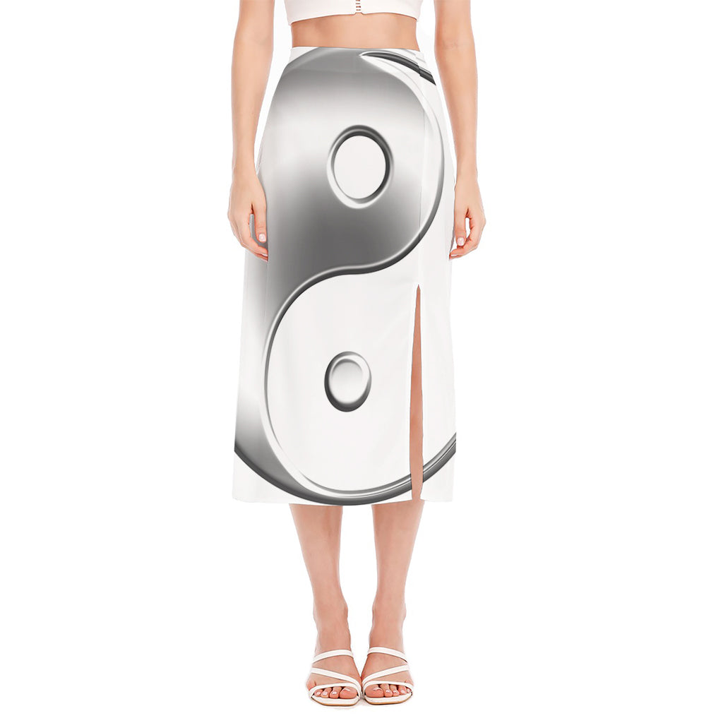 Sliver And White Yin Yang Print Side Slit Midi Skirt