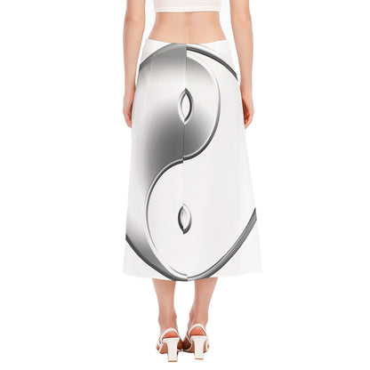 Sliver And White Yin Yang Print Side Slit Midi Skirt