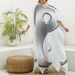 Sliver And White Yin Yang Print Silk V-Neck Kaftan Dress