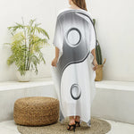 Sliver And White Yin Yang Print Silk V-Neck Kaftan Dress