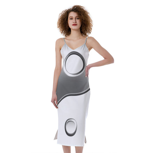 Sliver And White Yin Yang Print Slim Fit Midi Cami Dress