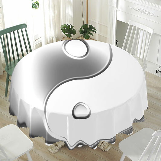 Sliver And White Yin Yang Print Waterproof Round Tablecloth