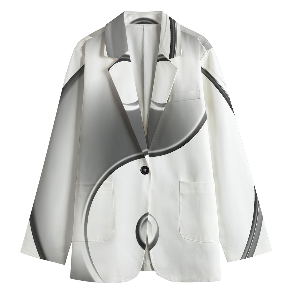 Sliver And White Yin Yang Print Women's Cotton Blazer
