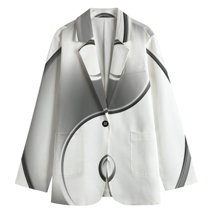 Sliver And White Yin Yang Print Women's Cotton Blazer