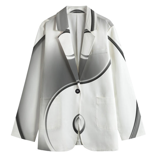 Sliver And White Yin Yang Print Women's Cotton Blazer
